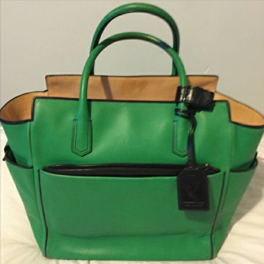 Reed Krakoff Green Leather Tote with Tan Interior and Black Trim